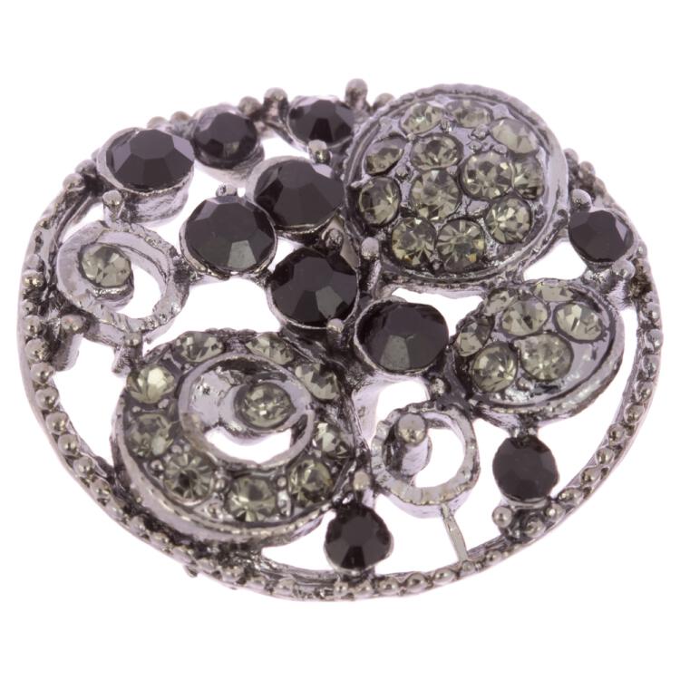 Zierknopf aus Metall besetzt mit schwarzen und grauen Strasssteinen