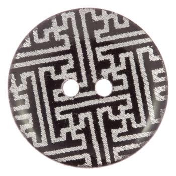 Schwarzer Kunststoffknopf mit Labyrinthmuster in Silber