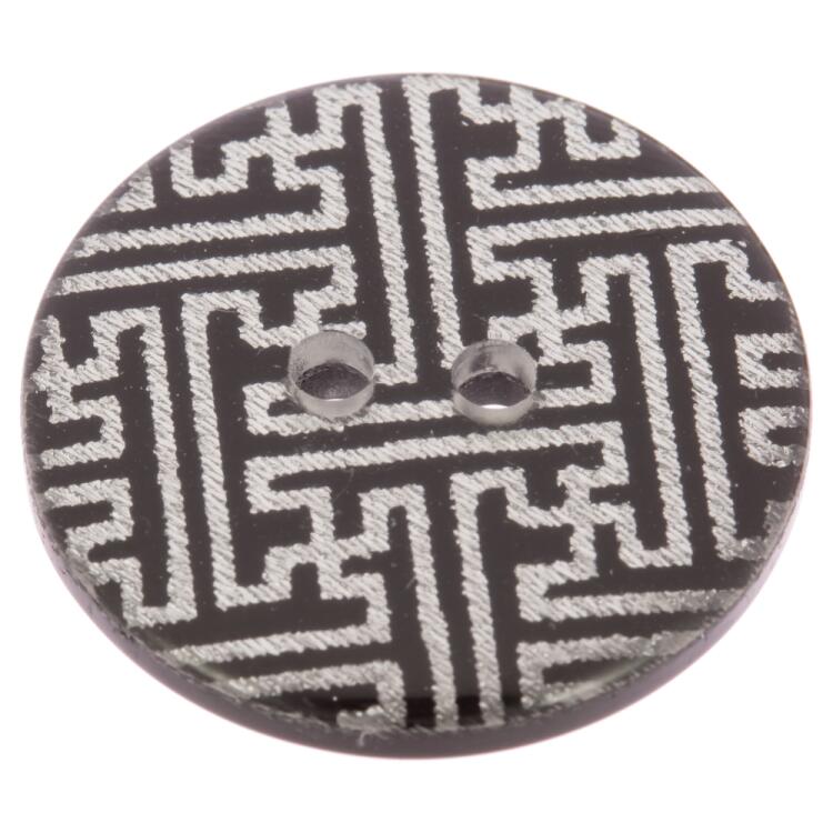Schwarzer Kunststoffknopf mit Labyrinthmuster in Silber 15mm