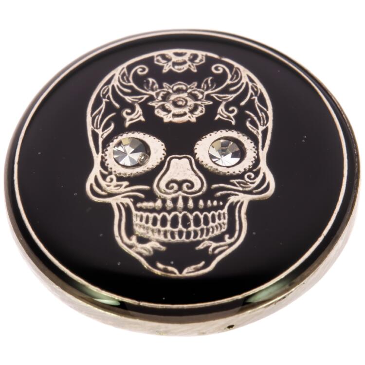 Metallknopf in Schwarz mit mexikanischem Totenkopf in Silber mit Swarovski-Augen 15mm