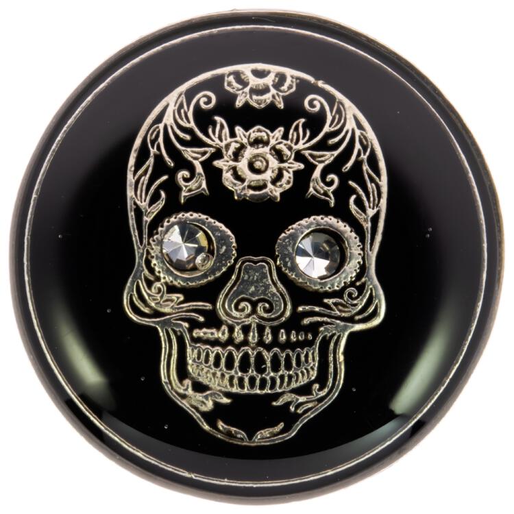 Metallknopf in Schwarz mit mexikanischem Totenkopf in Silber mit Swarovski-Augen 20mm