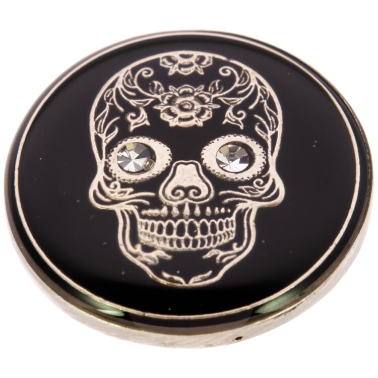 Metallknopf in Schwarz mit mexikanischem Totenkopf in Silber mit Swarovski-Augen 20mm
