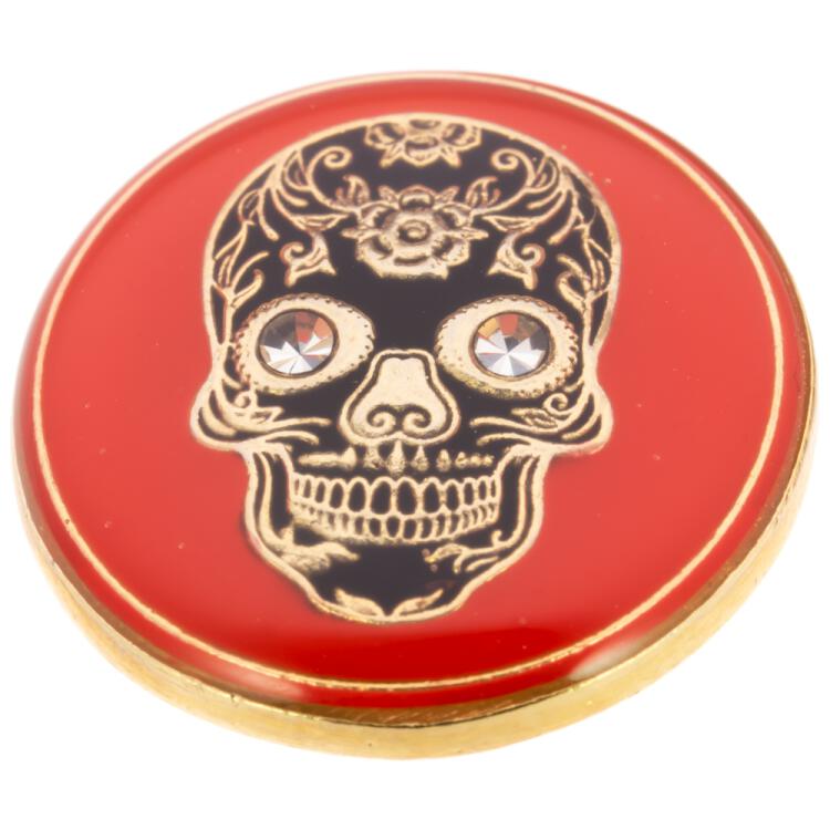 Metallknopf in Rot mit mexikanischem Totenkopf in Schwarz-Gold mit Swarovski-Augen