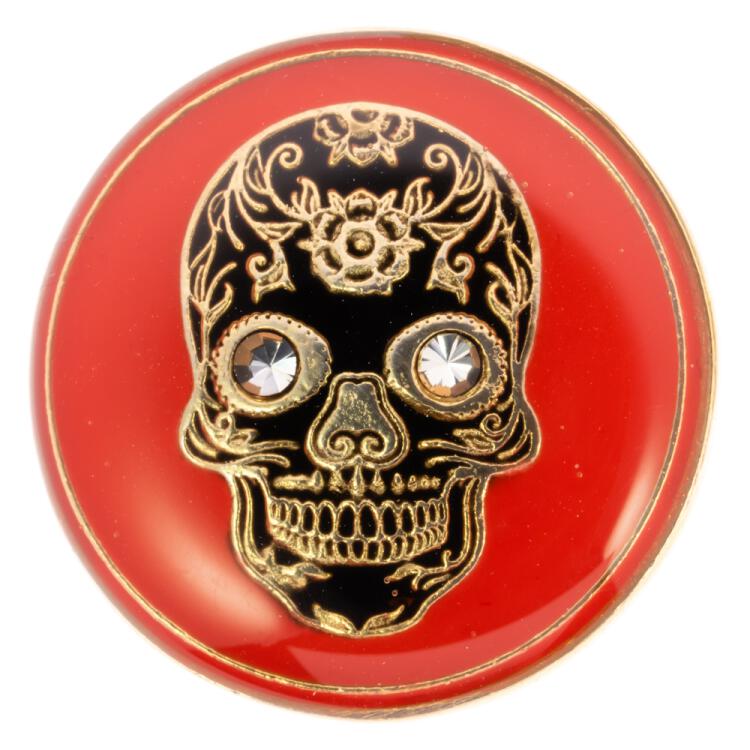 Metallknopf in Rot mit mexikanischem Totenkopf in Schwarz-Gold mit Swarovski-Augen 15mm