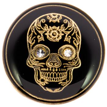 Metallknopf in Schwarz mit mexikanischem Totenkopf in Gold mit Swarovski-Augen