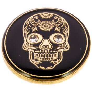 Metallknopf in Schwarz mit mexikanischem Totenkopf in Gold mit Swarovski-Augen