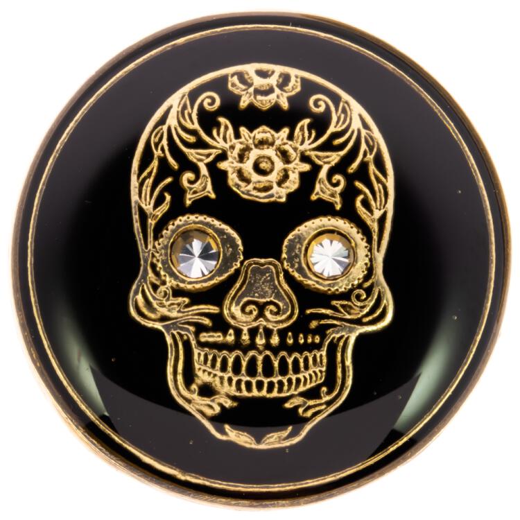 Metallknopf in Schwarz mit mexikanischem Totenkopf in Gold mit Swarovski-Augen 15mm