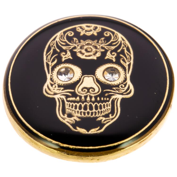 Metallknopf in Schwarz mit mexikanischem Totenkopf in Gold mit Swarovski-Augen 15mm