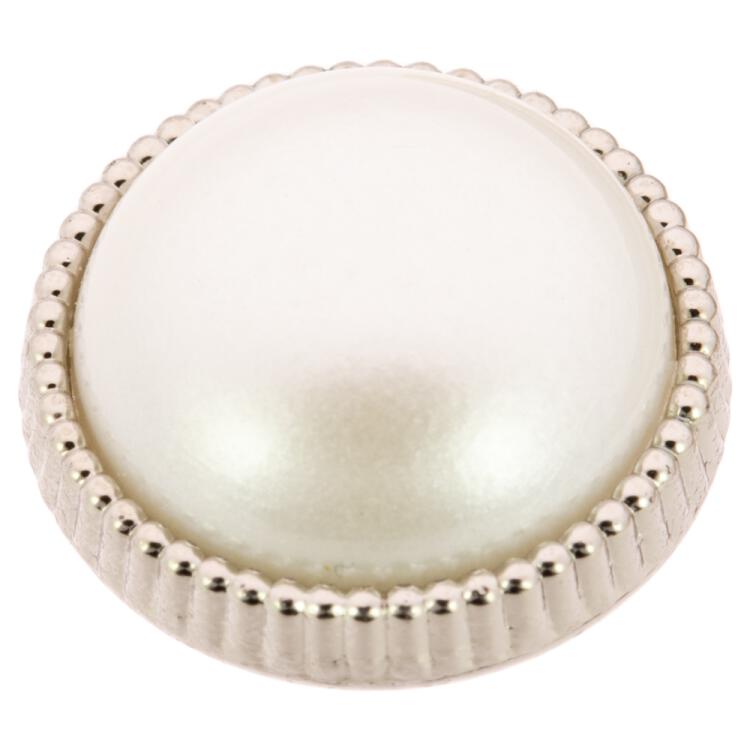 Klassischer Blusenknopf aus Kunststoff in Perlmuttweiß mit Silberrand 10mm