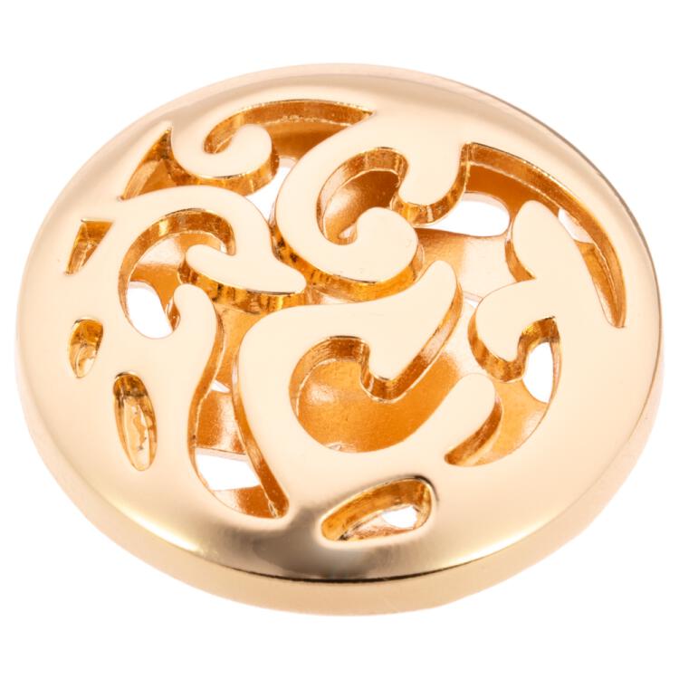 Zierknopf aus Metall in Gold mit filigranem Durchbruchmuster und hohlem Innenraum