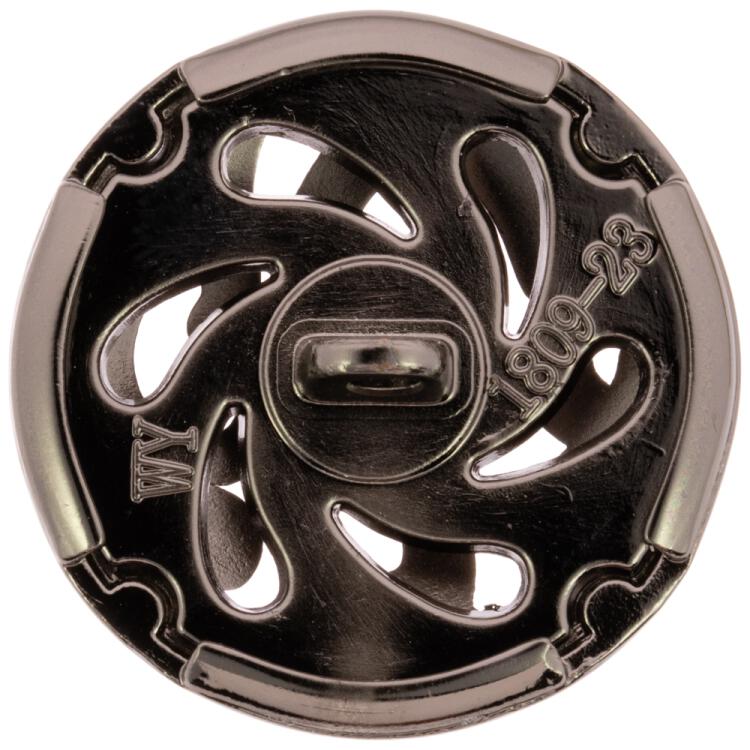 Zierknopf aus Metall in Schwarz mit filigranem Durchbruchmuster und hohlem Innenraum